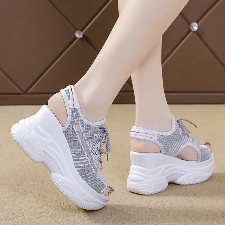 Women's Platform Mesh Surface Breathable Lace-up Wedge Sandals view 6