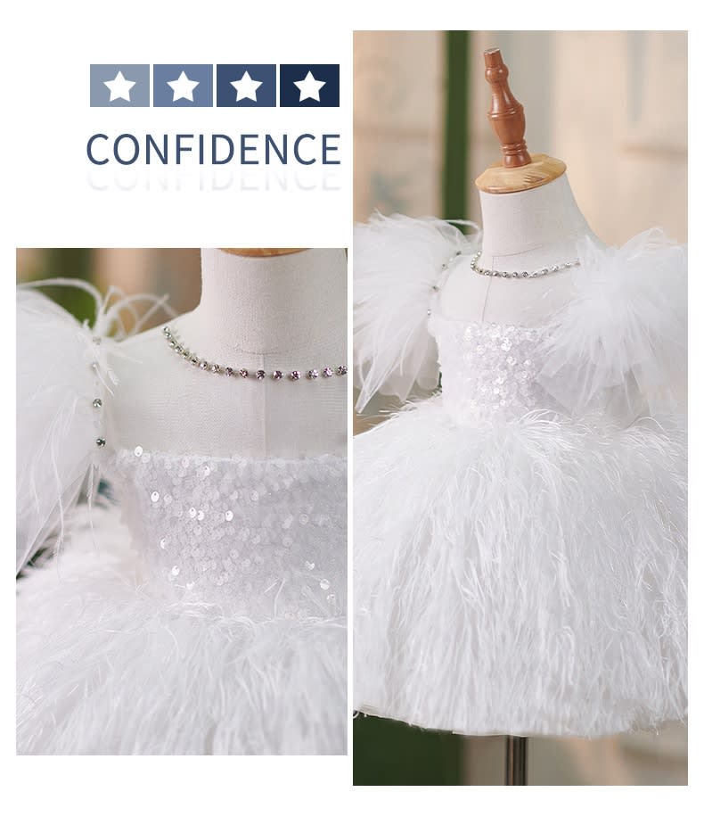 Girls Sequins White Flying Sleeves Feather Dress view 10