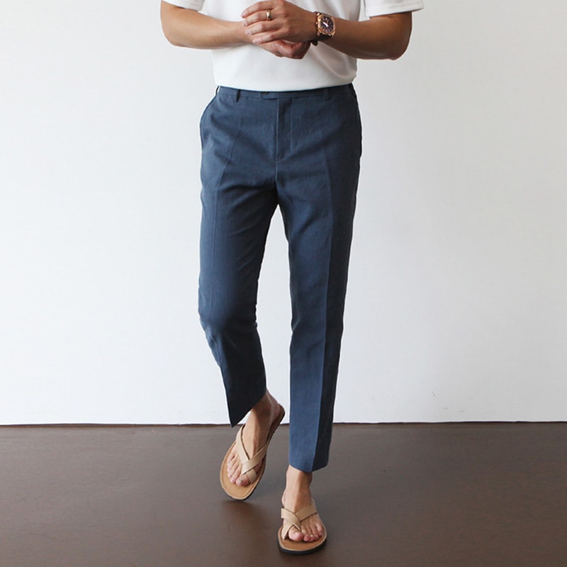 White For Men Cotton Fabric Cropped Linen Trousers view 9