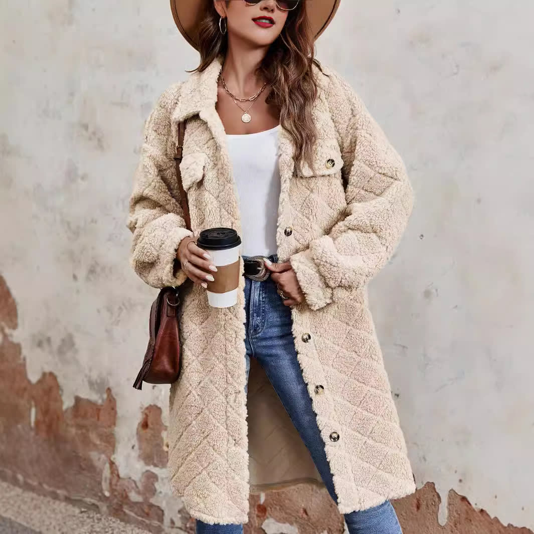 Fashion Pocket Lapels Plush Warm Long Sleeves Coat view 3