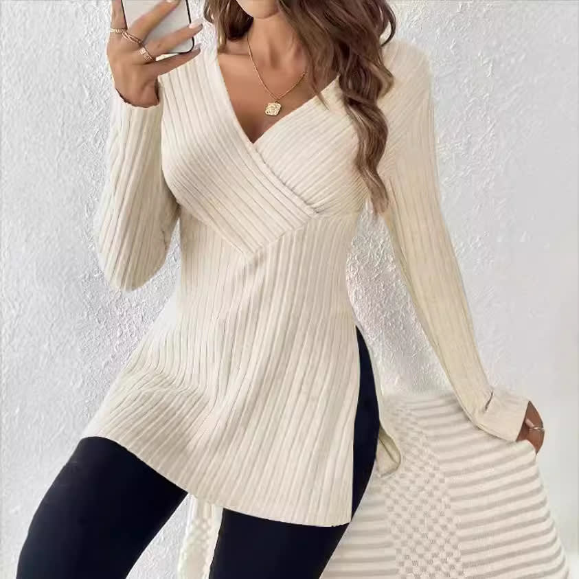 Long Sleeve Solid Color And V-neck Leisure Pajamas Sunken Stripe Top view 3