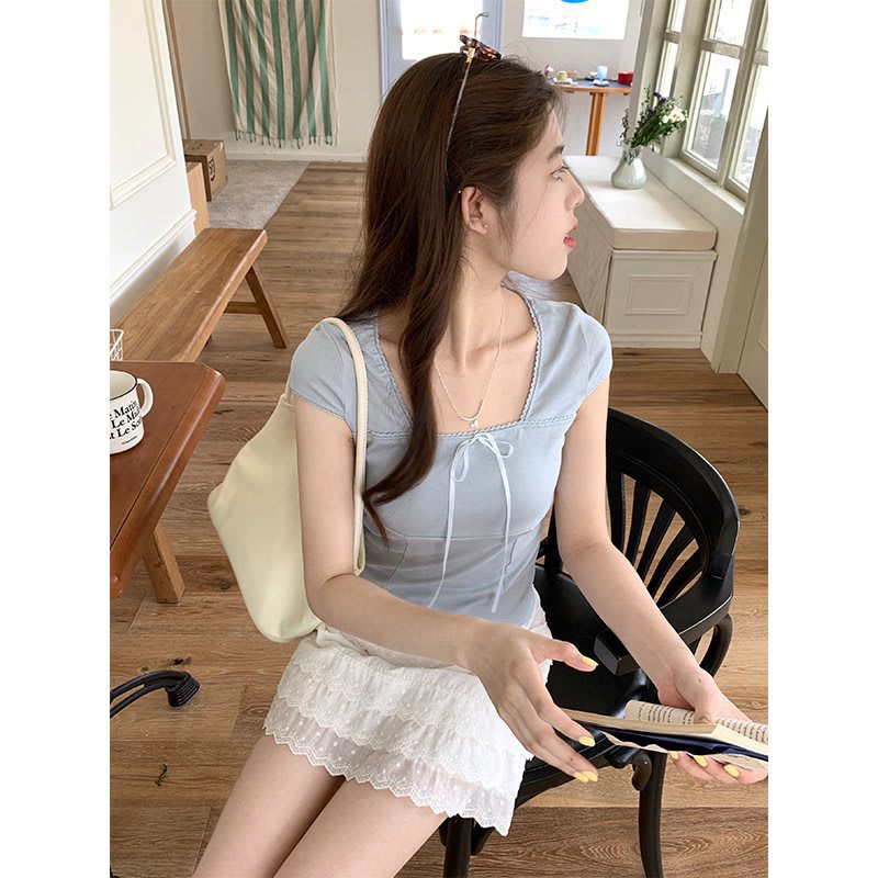 Women's Summer Slim Fit Niche Chic Square Collar Short Sleeve T-shirt Top view 40
