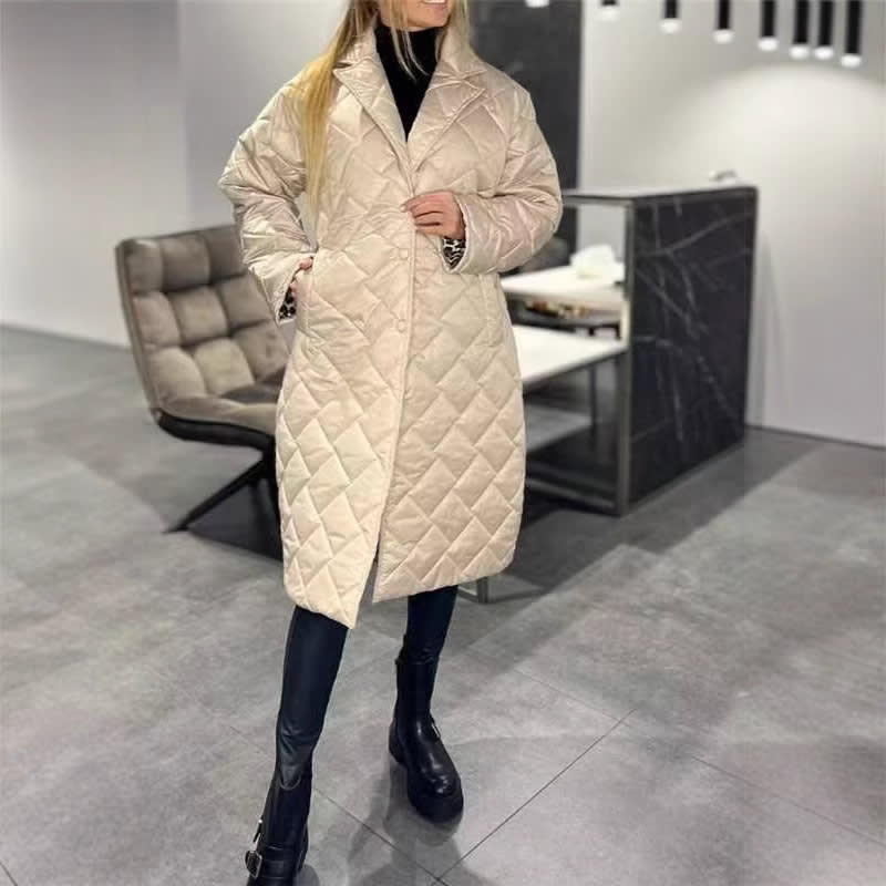 Winter Rhombus Stitching Coat Warm Solid Color Pocket Lapel Long Jacket Women's Clothing view 7