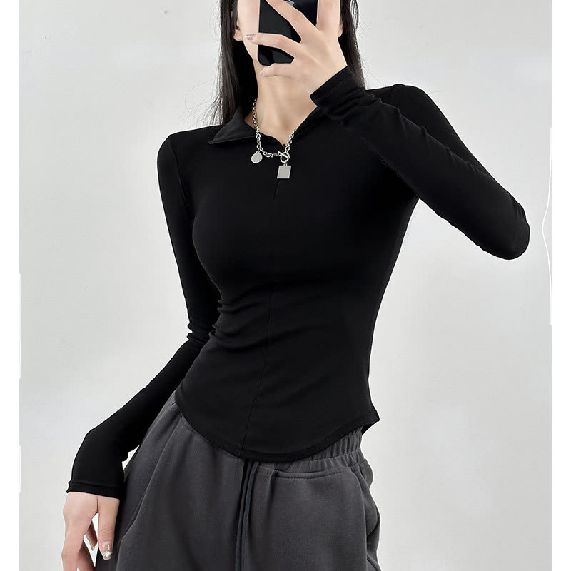 Slim Fit Show Thin Black Hot Girl Polo Collar Top view 8