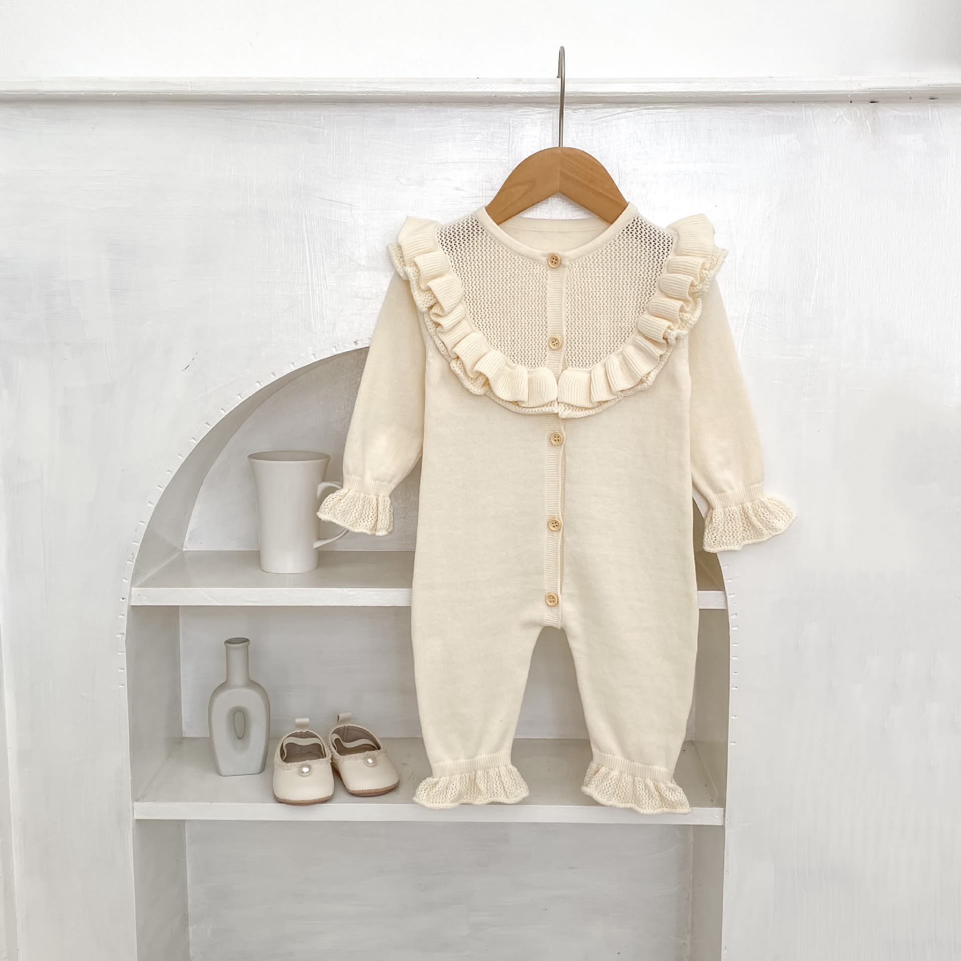 Baby Girl Round Neck Ruffled Stitching Long Climbing Fashionable Stylish Solid Color Jumpsuit view 2