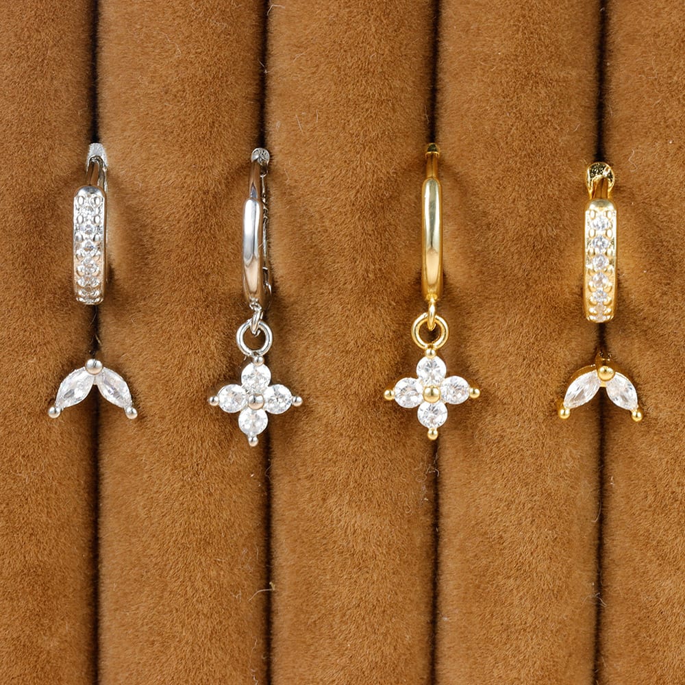 Flower Studded Diamond Stacked Earring Set view 3