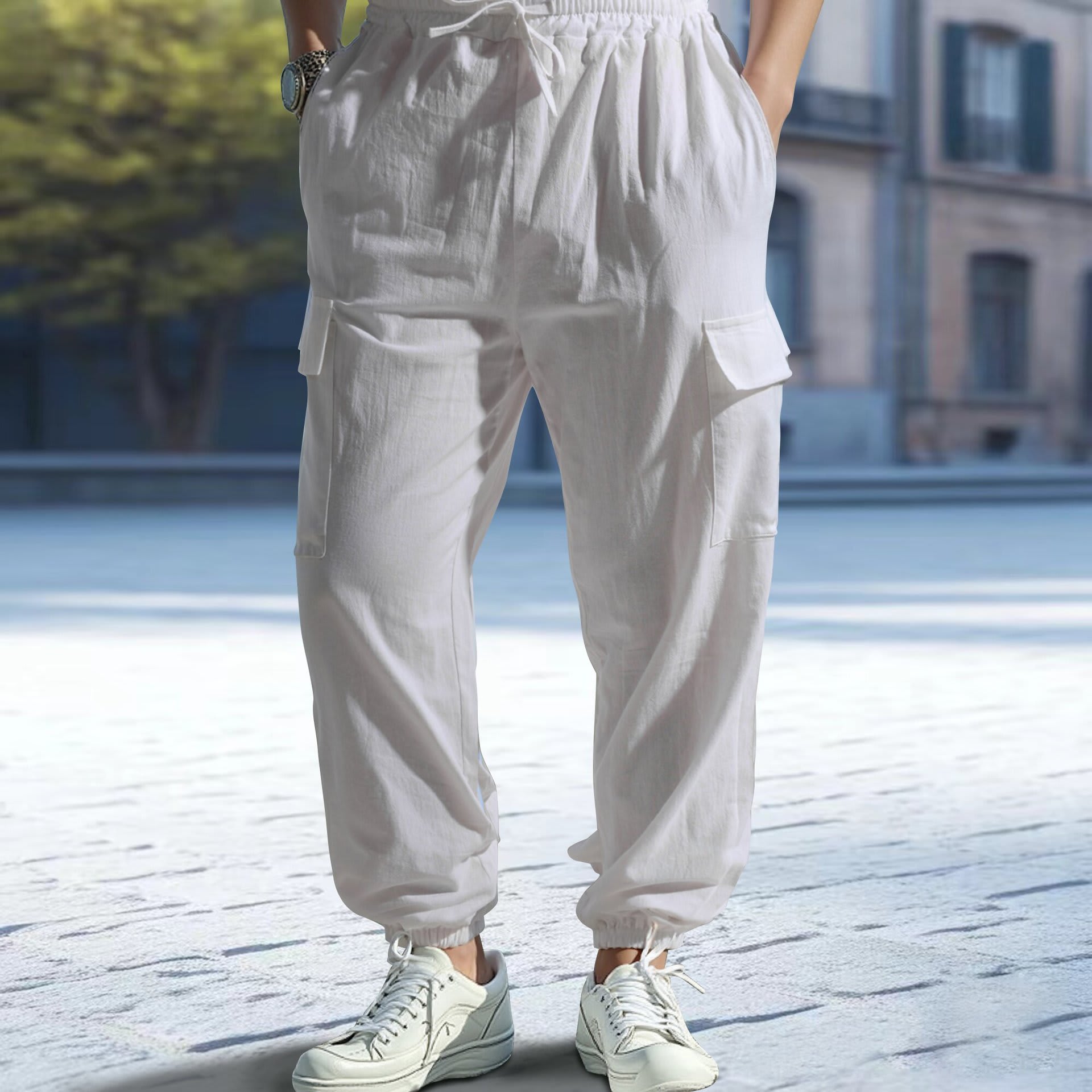 Men's Casual Multi-pocket Pants Cotton And Linen Straight Ankle Tied view 7