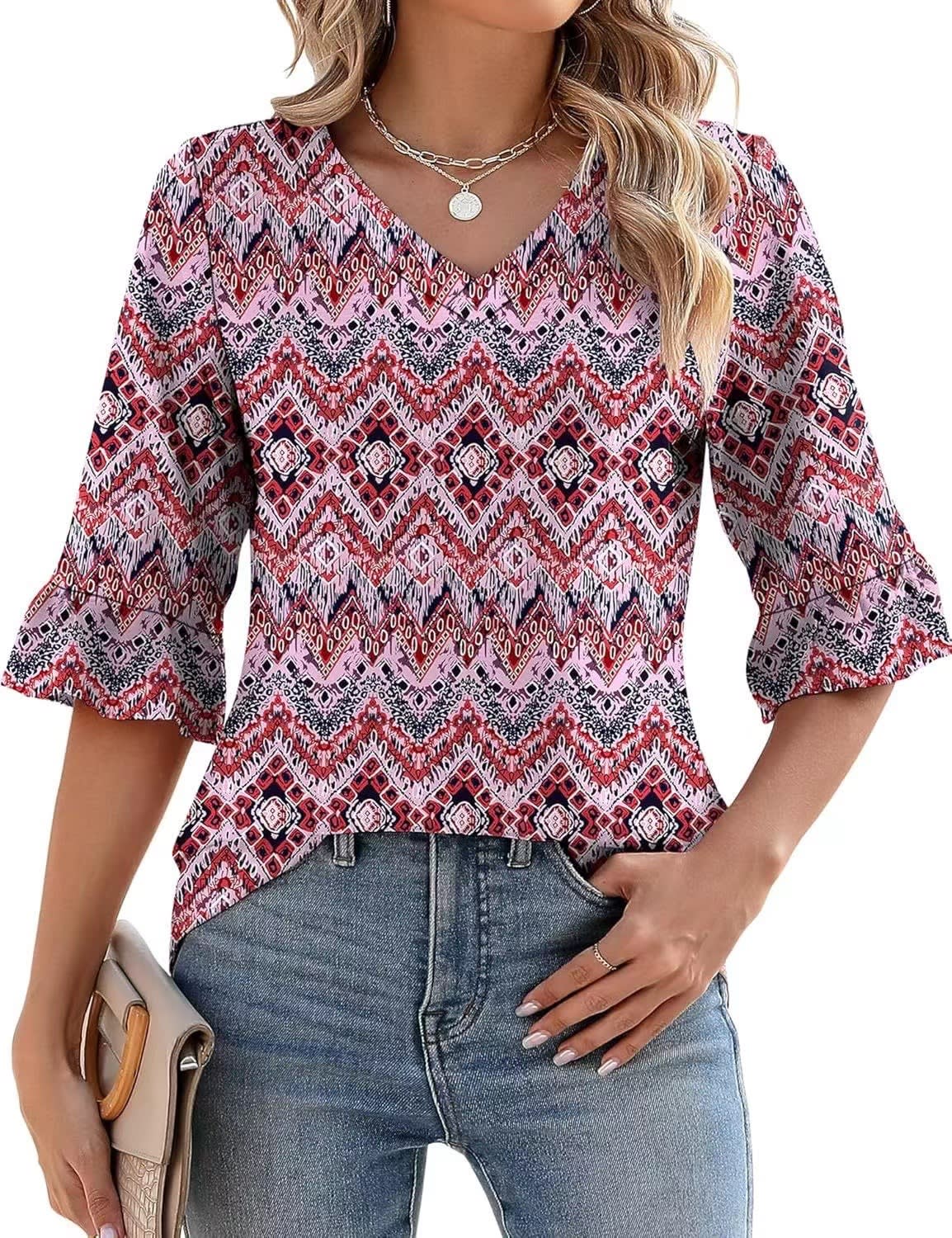 Women's Printed Hollow Ruffle Sleeve Casual Short-sleeved Top view 9