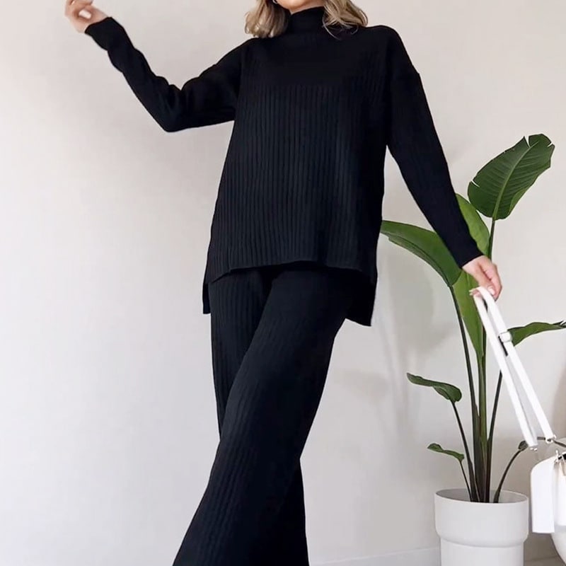 Turtleneck Knitted Suit Loose Split Design Long-sleeved Top And Straight Trousers Fashion Casual Solid Set Women's Clothing view 4