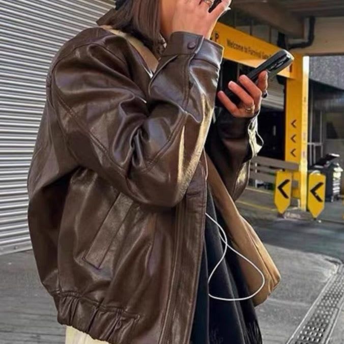 Women's Vintage Brown Leather Motorcycle Jacket view 1