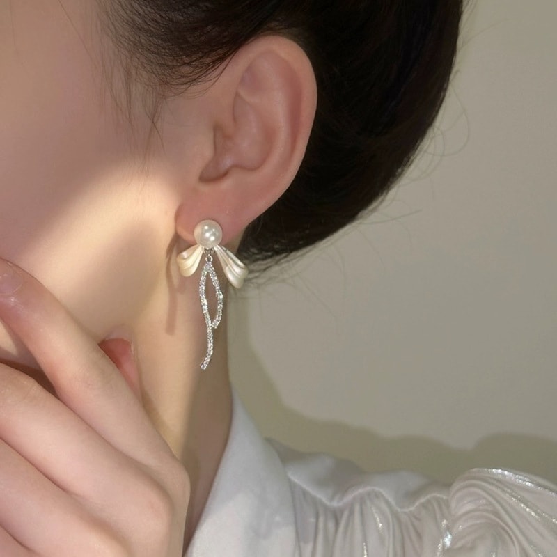 Navy Blue Tassel Long Bow Tie Female Stud Earrings view 5