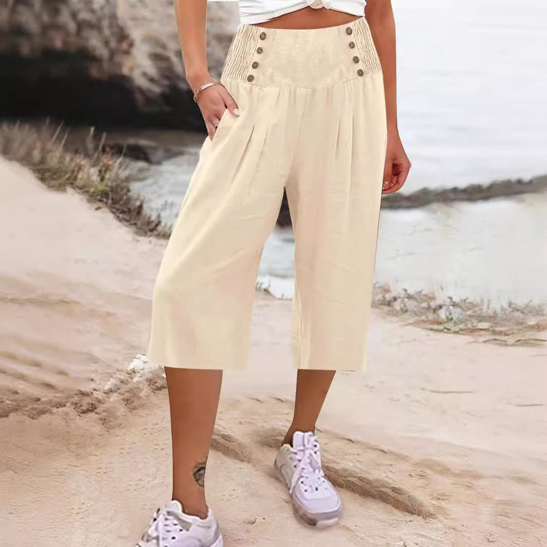 Women's Cotton And Linen Solid Color Buttons Loose Casual Cropped Pants view 7