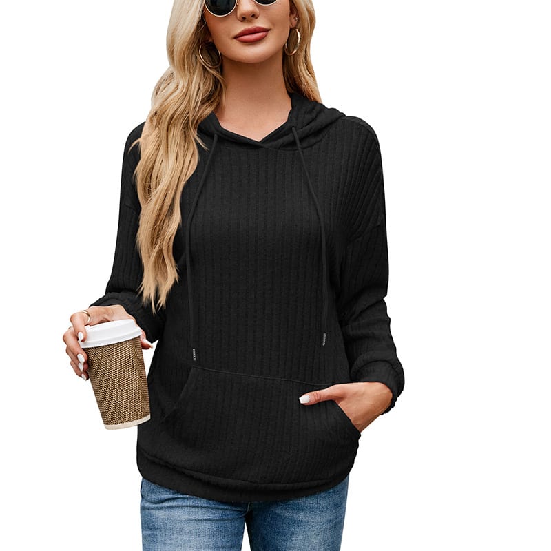Women's Knitwear Hooded Sunken Stripe Kangaroo Pocket Sweatshirt view 3