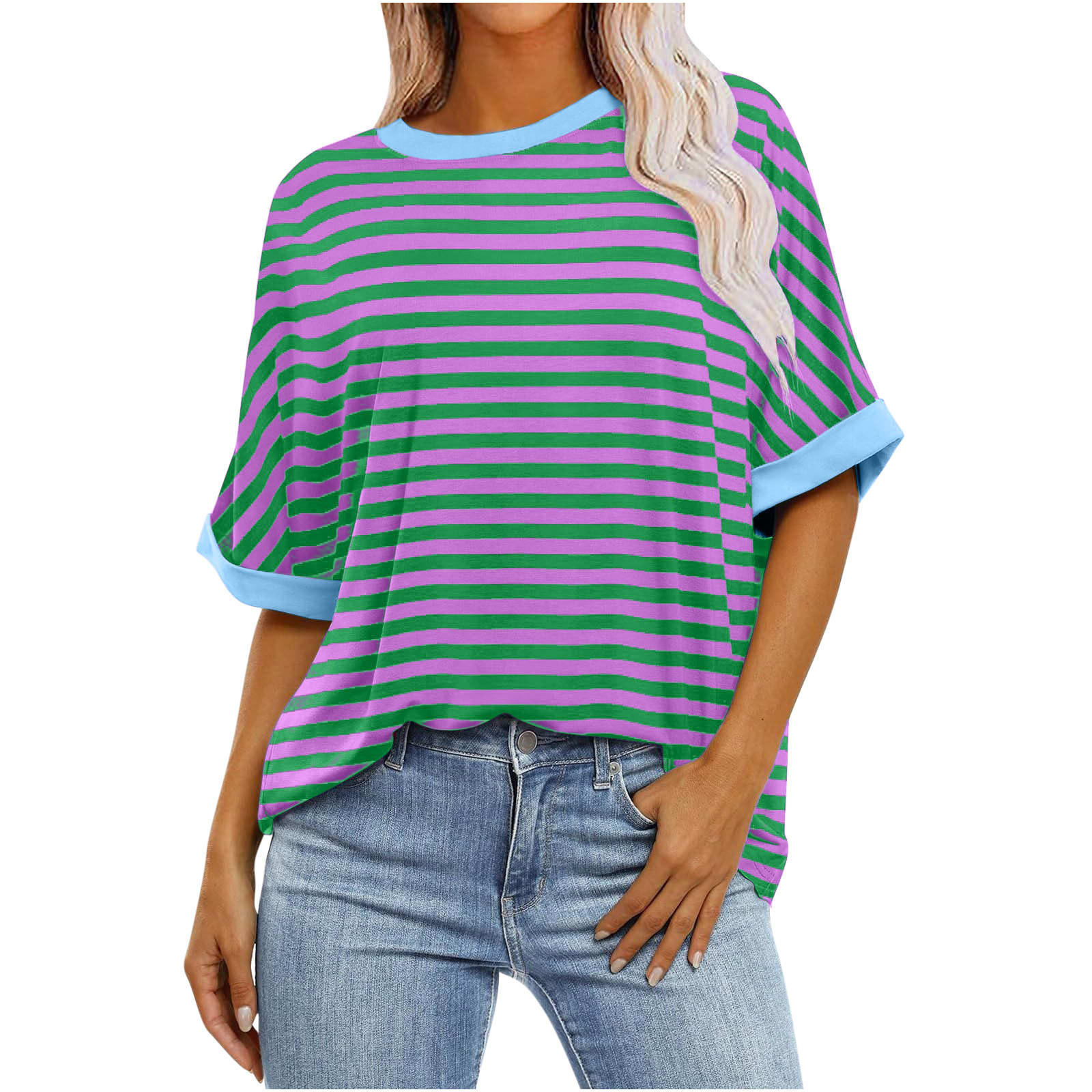 Women's Striped Printed Loose Color Matching Short Sleeve view 3