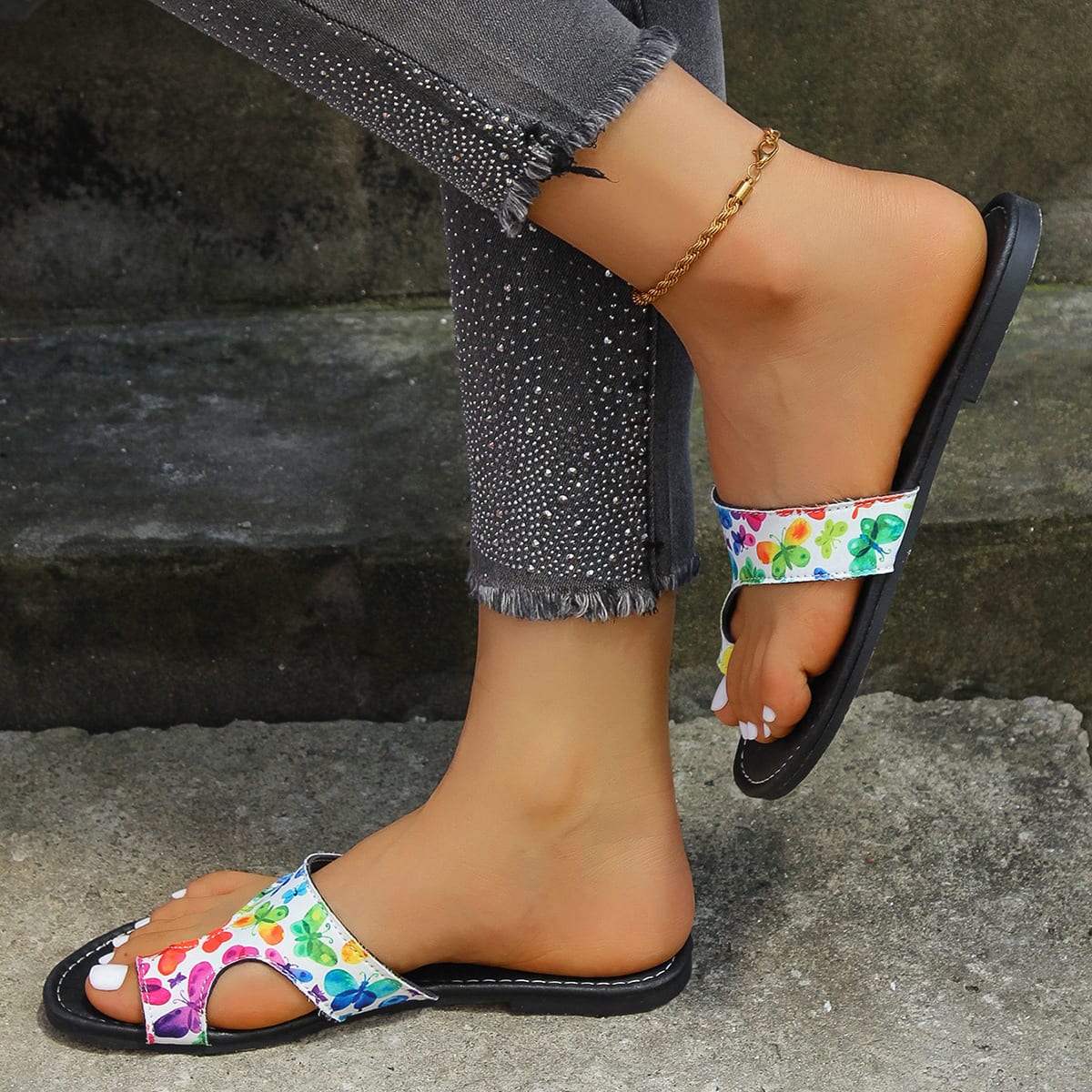 Plus Size Printed Ethnic Style Casual Toe Covering Flip-flops view 5