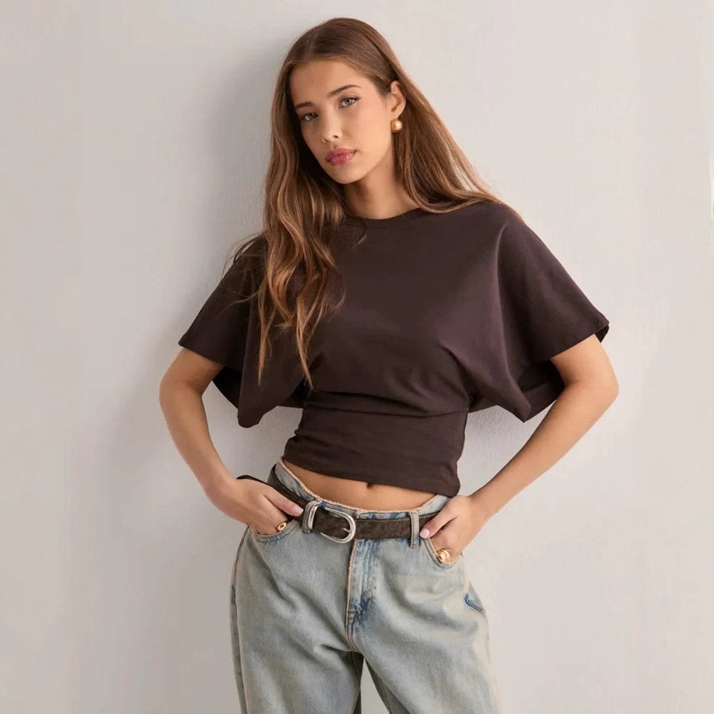 Round Neck Pullover Short Sleeve T-shirt Women's Solid Color Loose Top view 3