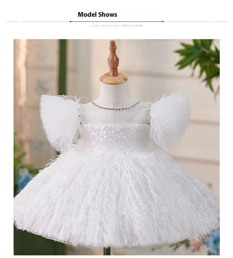 Girls Sequins White Flying Sleeves Feather Dress view 2