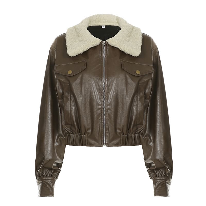 Retro Fur Collar Workwear Leather Jacket Design Sense view 4