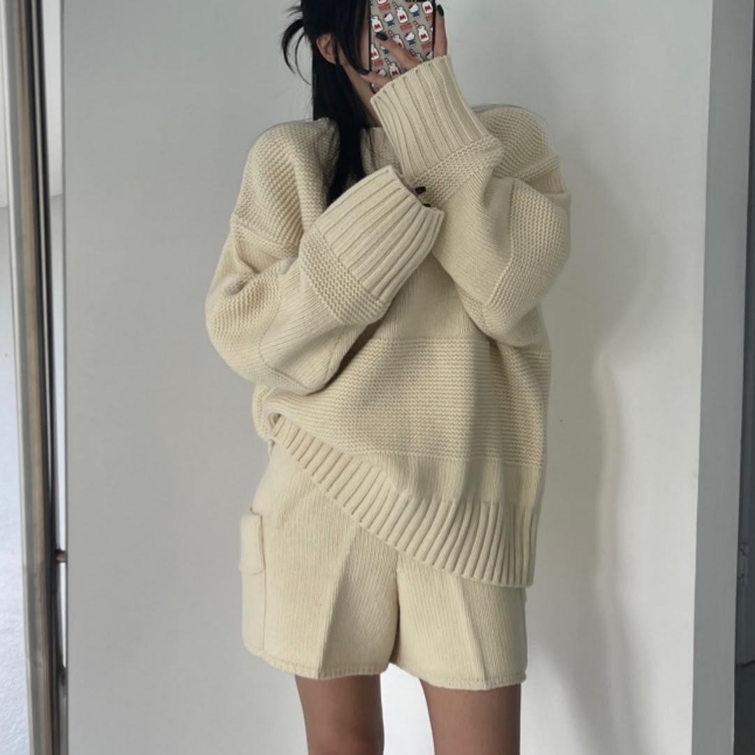 Fit Long Sleeve Sweater High Waist Wide Leg Shorts view 4