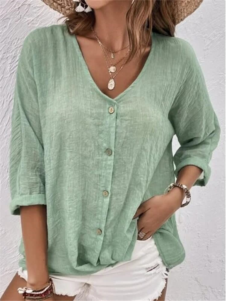 V-neck Long-sleeved T-shirt Fashion Solid Color Button Top Casual Loose Clothing For Women view 13