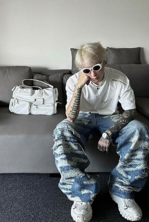 T European And American Fashion Brand Blue With Holes Jeans Men's Autumn Thin American Chic Pants Wide Leg view 12