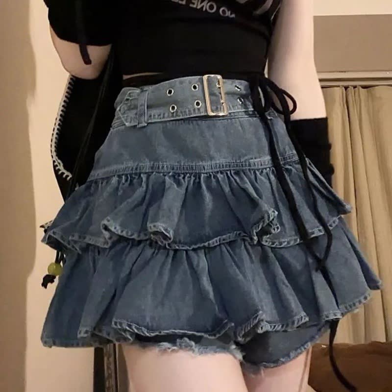 Fashion Suit Lotus Leaf Border Light Denim Skirt Letter Cutout Sling view 7
