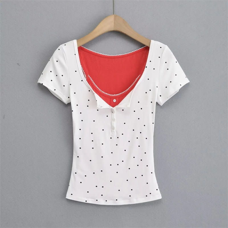 Sweet Girl Polka Dot Breasted Shoulder Short Sleeve Design Two-piece Set view 6