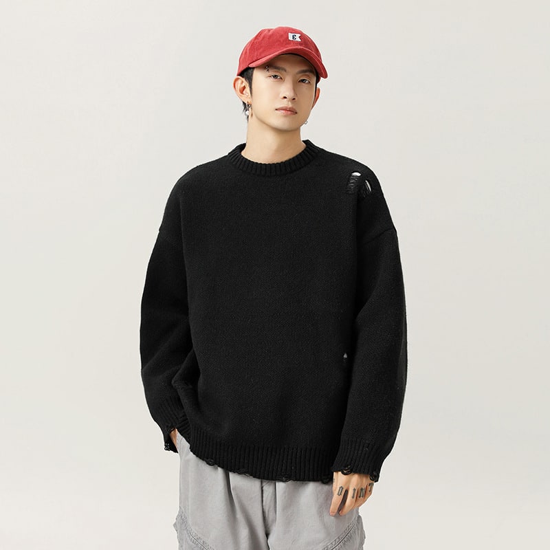 Retro Hollow-out Ripped Design Round Neck Sweater view 4