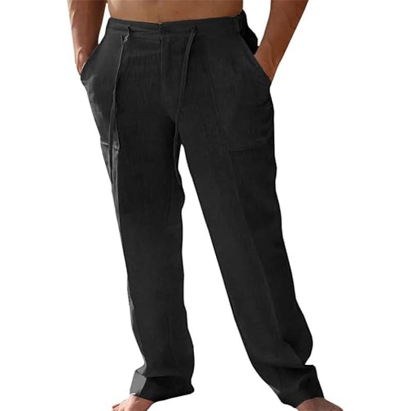 Men's Casual Linen Patch Pocket Loose Drawstring Straight Summer Beach Yoga Trousers view 3