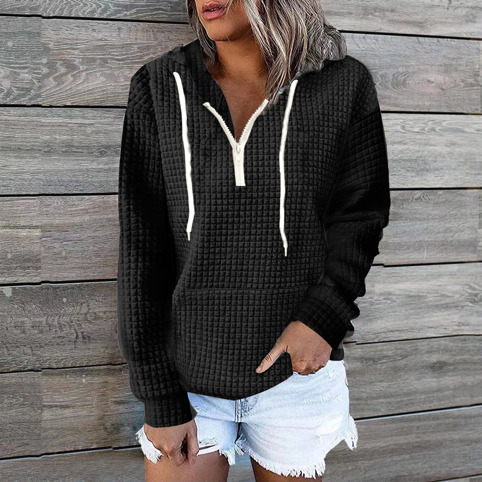 Women's Waffle Hoodie Sweater Coat view 7