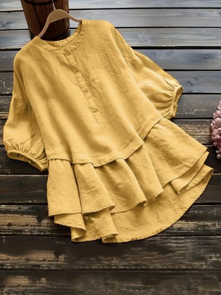 Women's Solid Color Buttons Cotton And Linen Short Sleeve Mid-length Shirt view 2