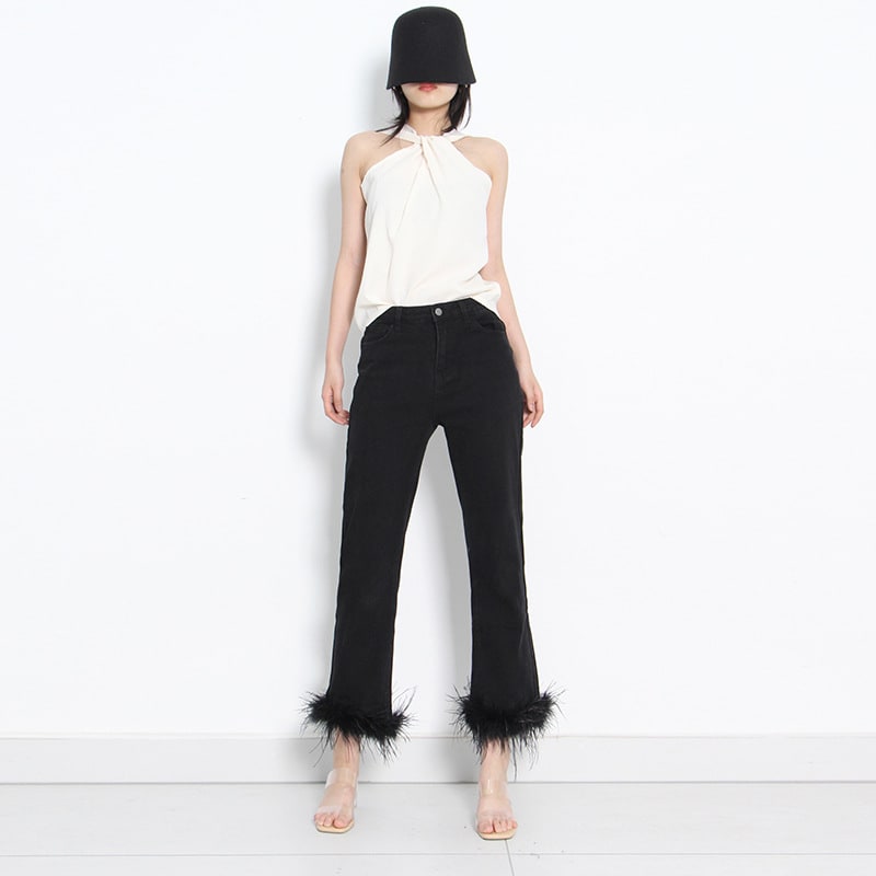 Simple Cropped Fashion Trousers Ostrich Feather Stitching Design For Women view 2