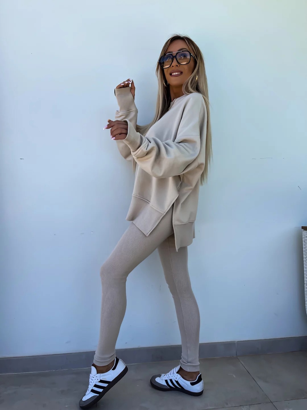 Sweater Suit Women's Casual Loose Long Sleeve Crew Neck Split Top Tight Trousers view 19