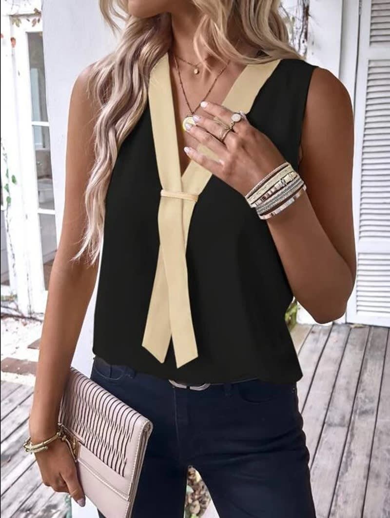 Women's V-color Contrasting Sleeveless Casual Shirt view 3