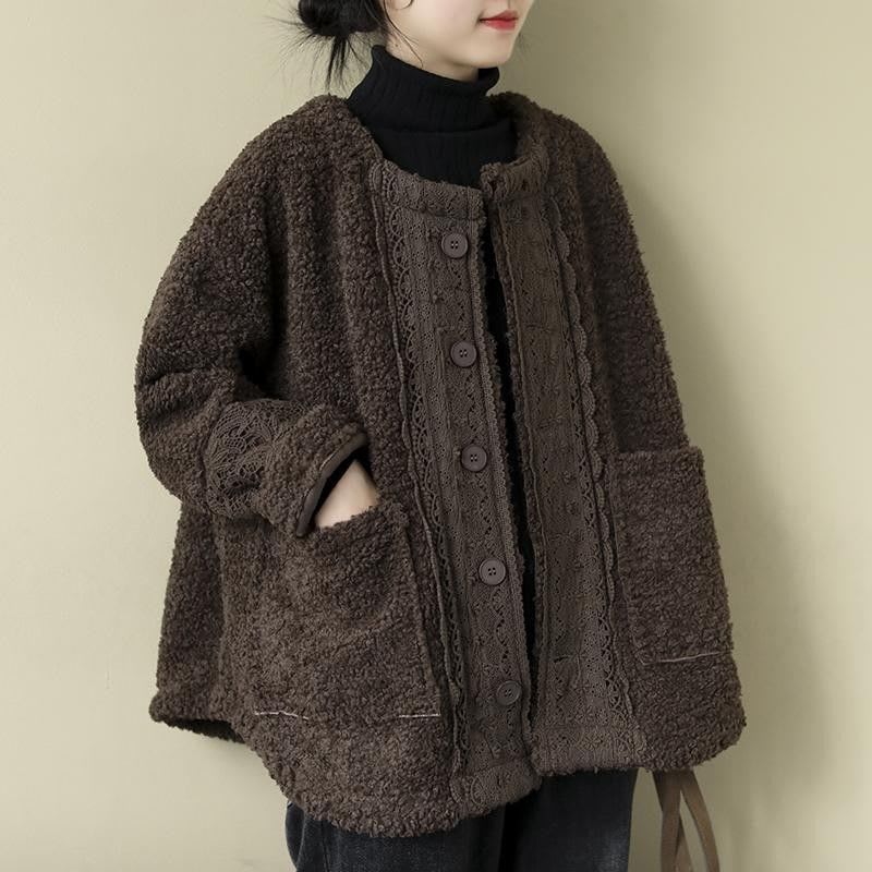 Artistic Retro Loose Long Sleeve Warm Coat Lambswool view 1