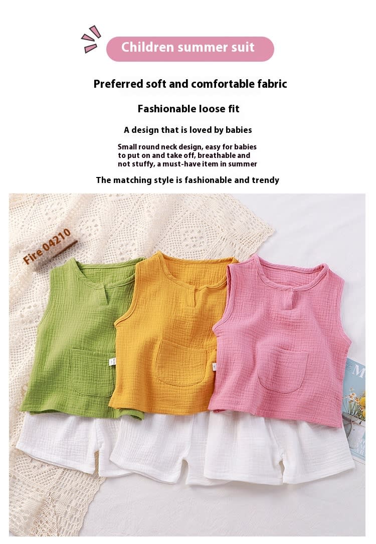 Children Two-piece Cotton Solid Color Double-layer Yarn Vest Short Home Pajamas view 7