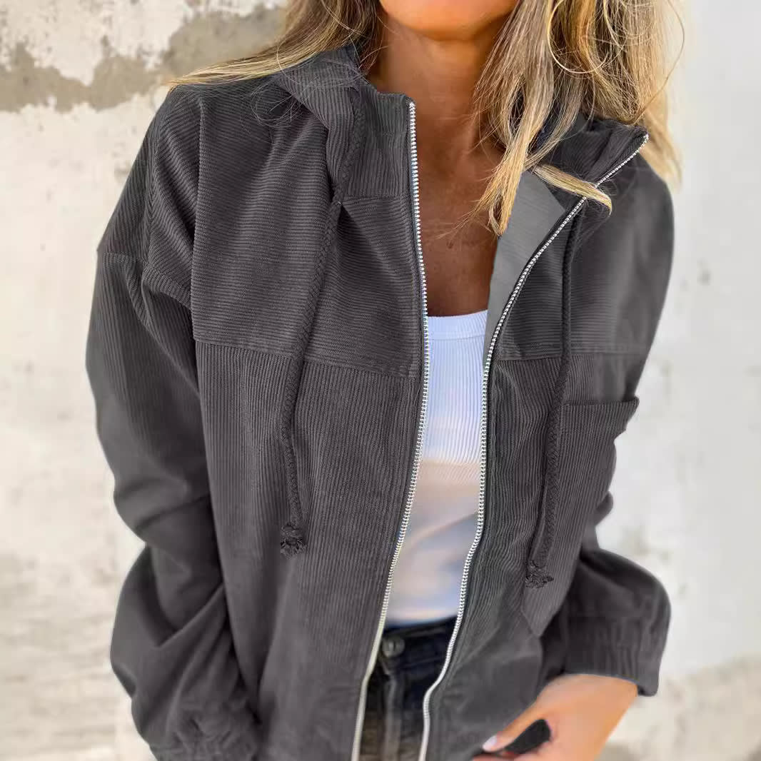 Solid Color Women's Corduroy Hooded Jacket view 4