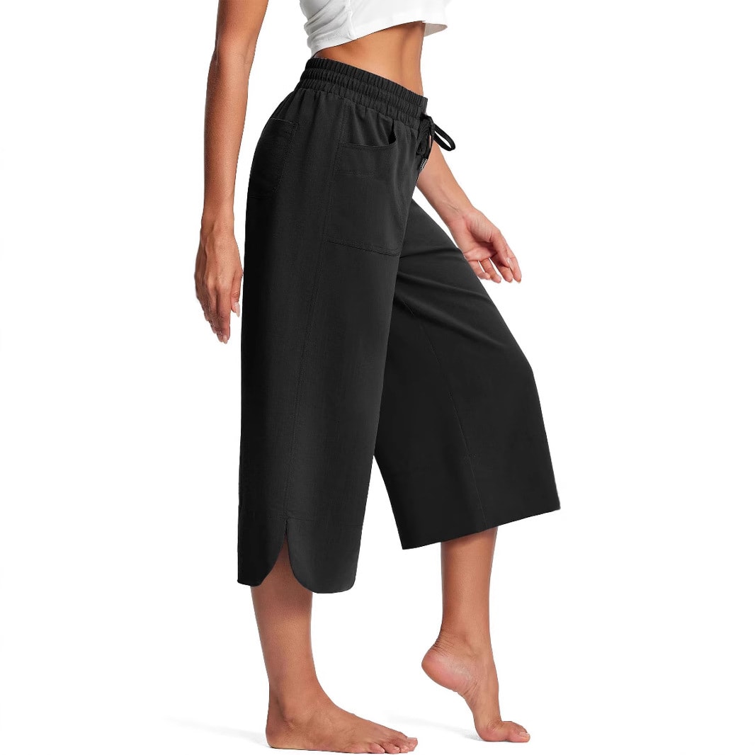 Summer Elastic Waist Solid Color Wide Leg Loose Casual Cropped Pants For Women view 8