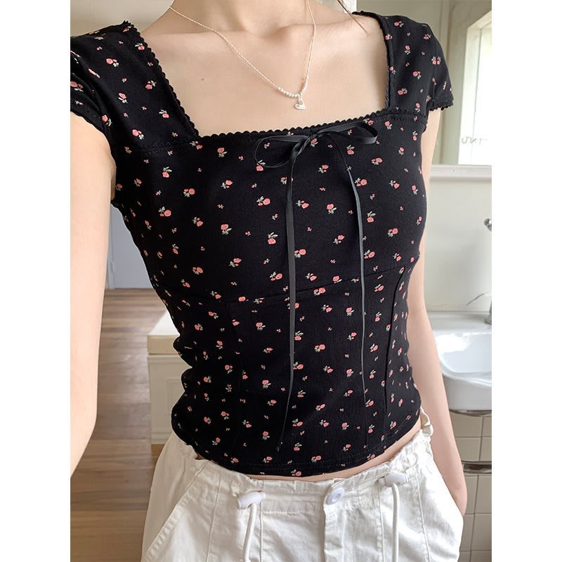 Women's Summer Slim Fit Niche Chic Square Collar Short Sleeve T-shirt Top view 16