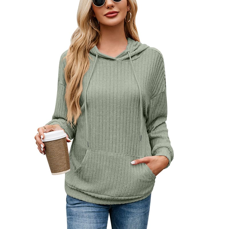 Women's Knitwear Hooded Sunken Stripe Kangaroo Pocket Sweatshirt view 11