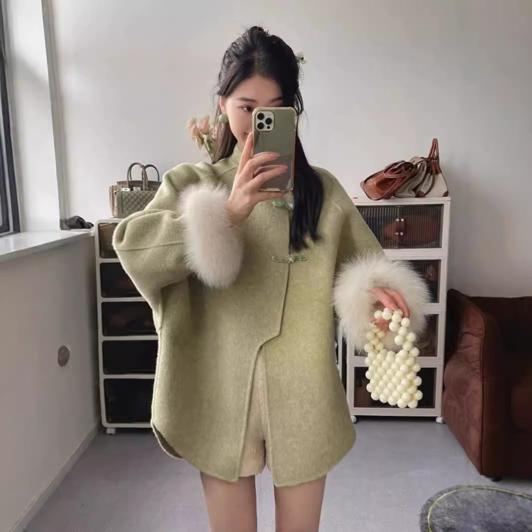 Zhongshan Buckle Stand Collar Woolen Coat Temperament