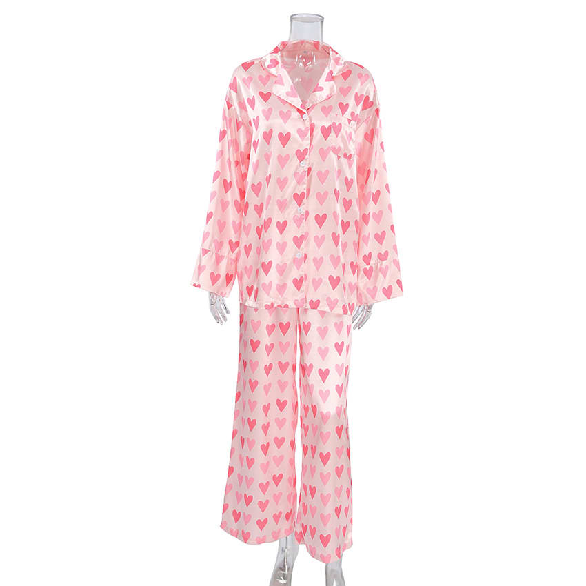Heart Printing Cardigan Long Sleeve Pants Pajamas Two-piece Set view 3