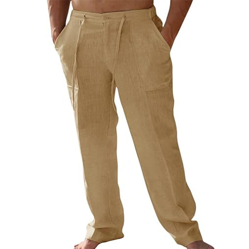 Men's Casual Linen Patch Pocket Loose Drawstring Straight Summer Beach Yoga Trousers view 4