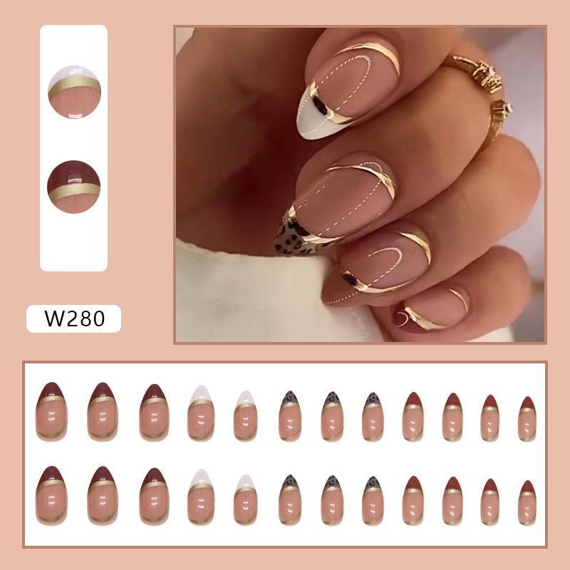 Almond Nail Shiny Gold Foil Color-blocking Leopard Print White Fake Nails view 5