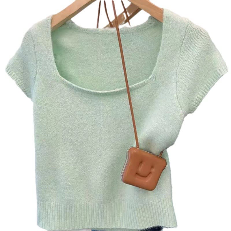 Solid Color Fashion Temperament Square Collar Pullover Short Sleeve Sweater view 2