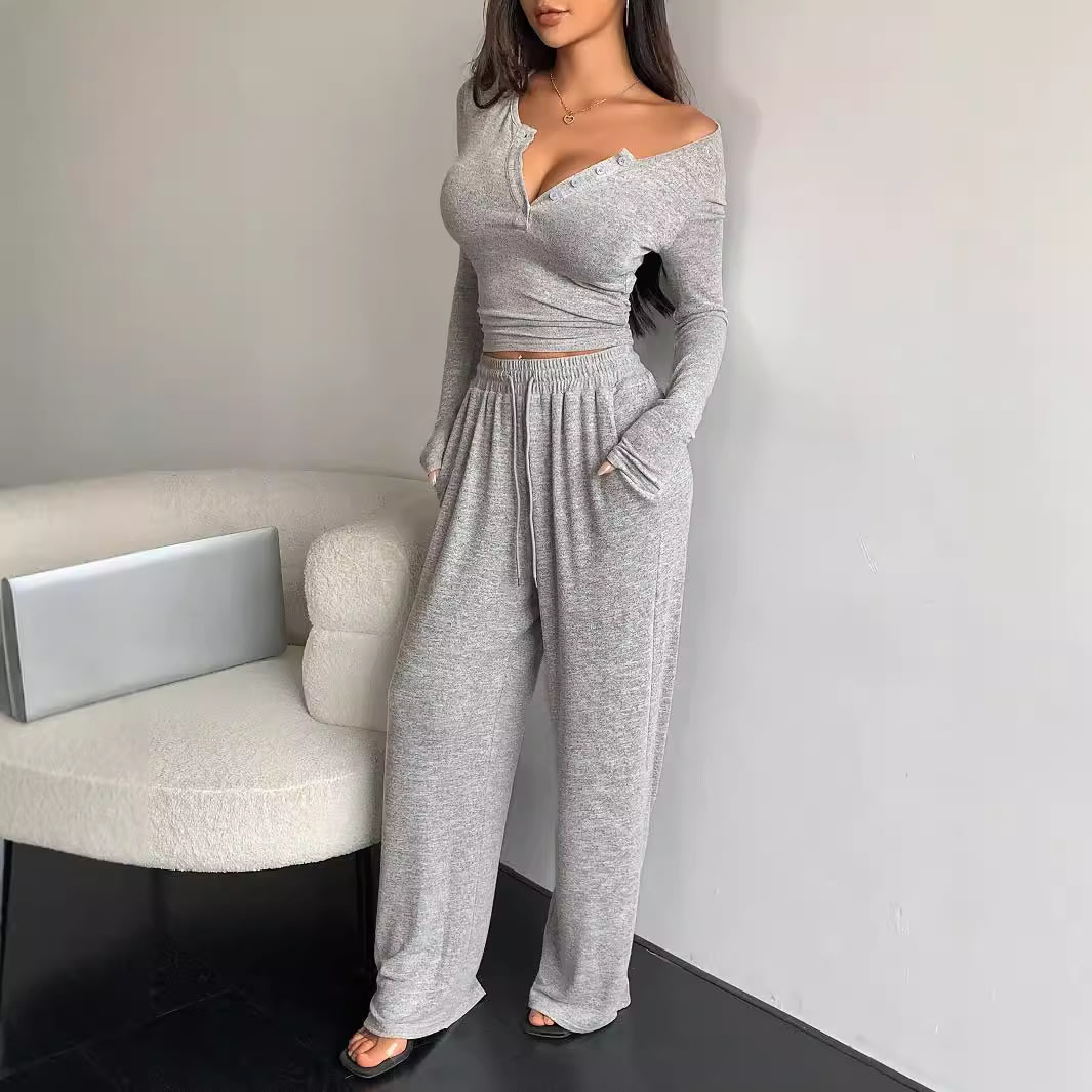 Women's Long-sleeved Button-up Solid Color Top And Trousers Two-piece Suit view 9