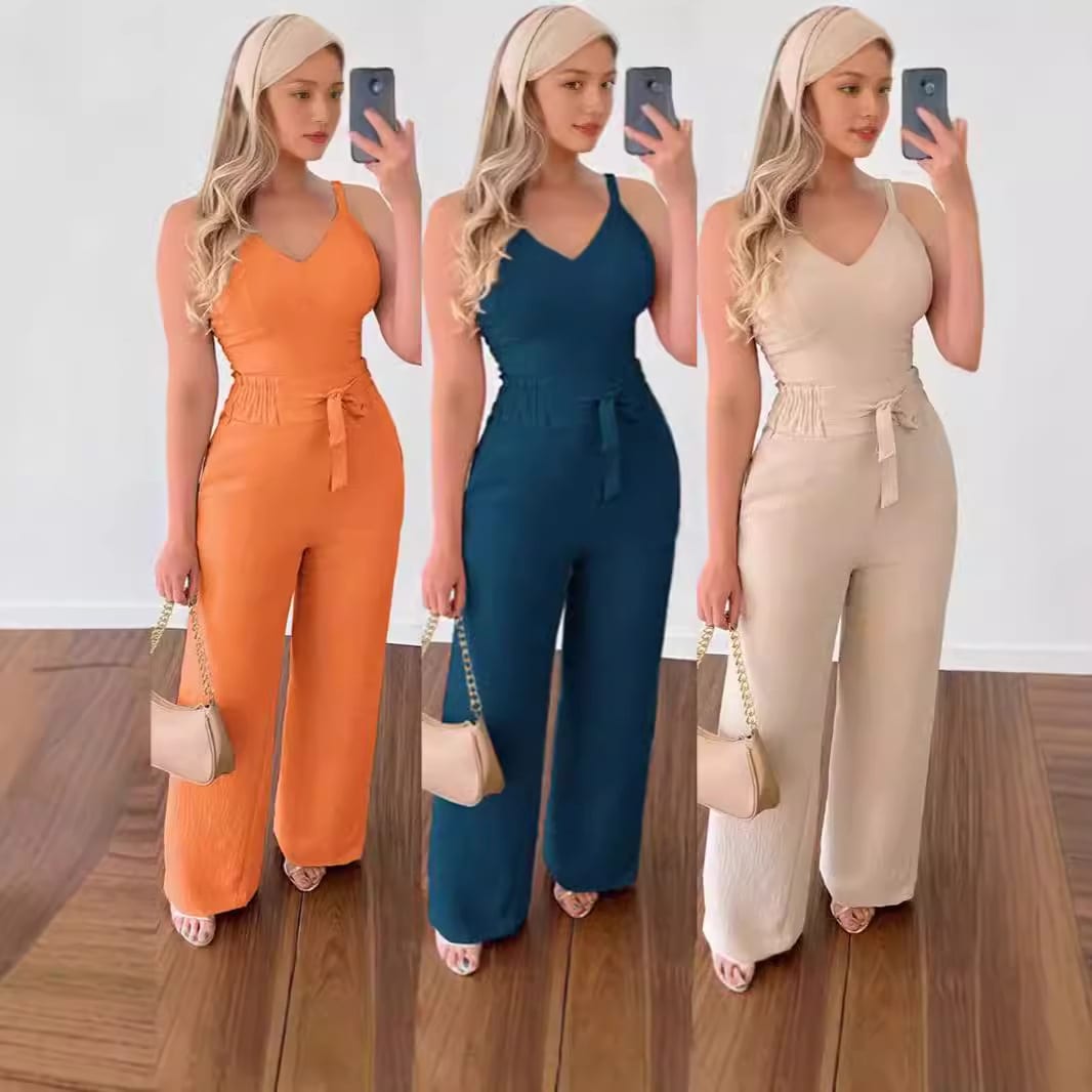 Women's Solid Color Slim Elastic Pleated Two-Piece Suit Sexy Spaghetti Strap V-neck Backless Vest High Waist Wide Leg Pants Suit view 6