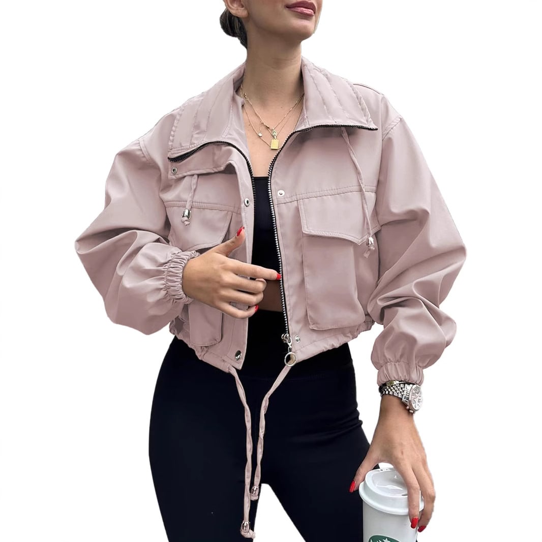 Solid Color Women's Short Jacket Zipper Trench Coat view 13