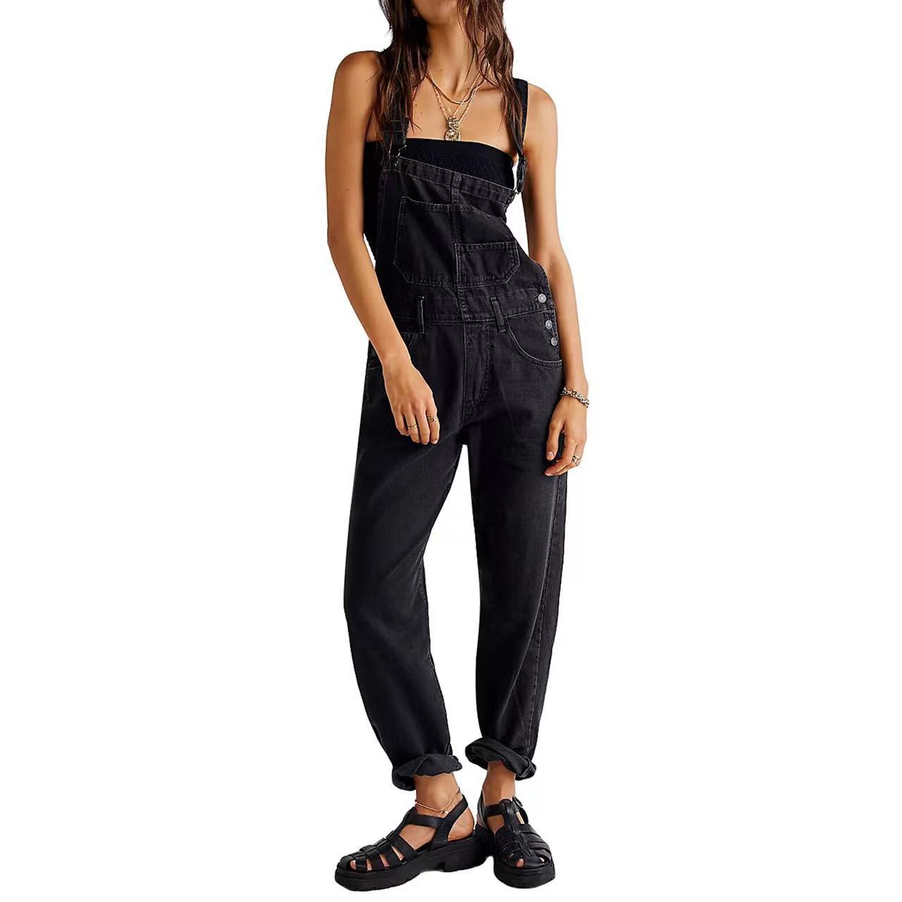 Women's High-Waisted Jumpsuit Overalls With Pockets Loose Fit Denim Trousers Casual Straight Leg Pants view 11