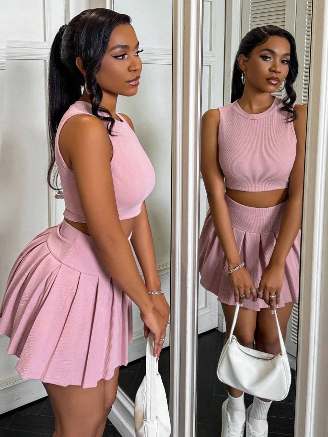 Women's Pleated Fashion Slim Sleeveless Skirt Suit view 3